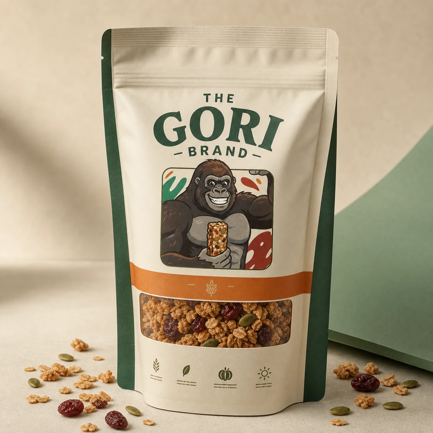 Pouch de Granola Alegre Gori con avena, pepitas y arándanos sobre un fondo cálido